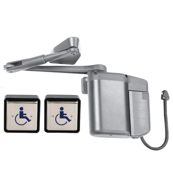 Kit includes ADAEZ PRO Door Operator, Two Square Style Push Buttons, Pull Side Regular Arm, Aluminum